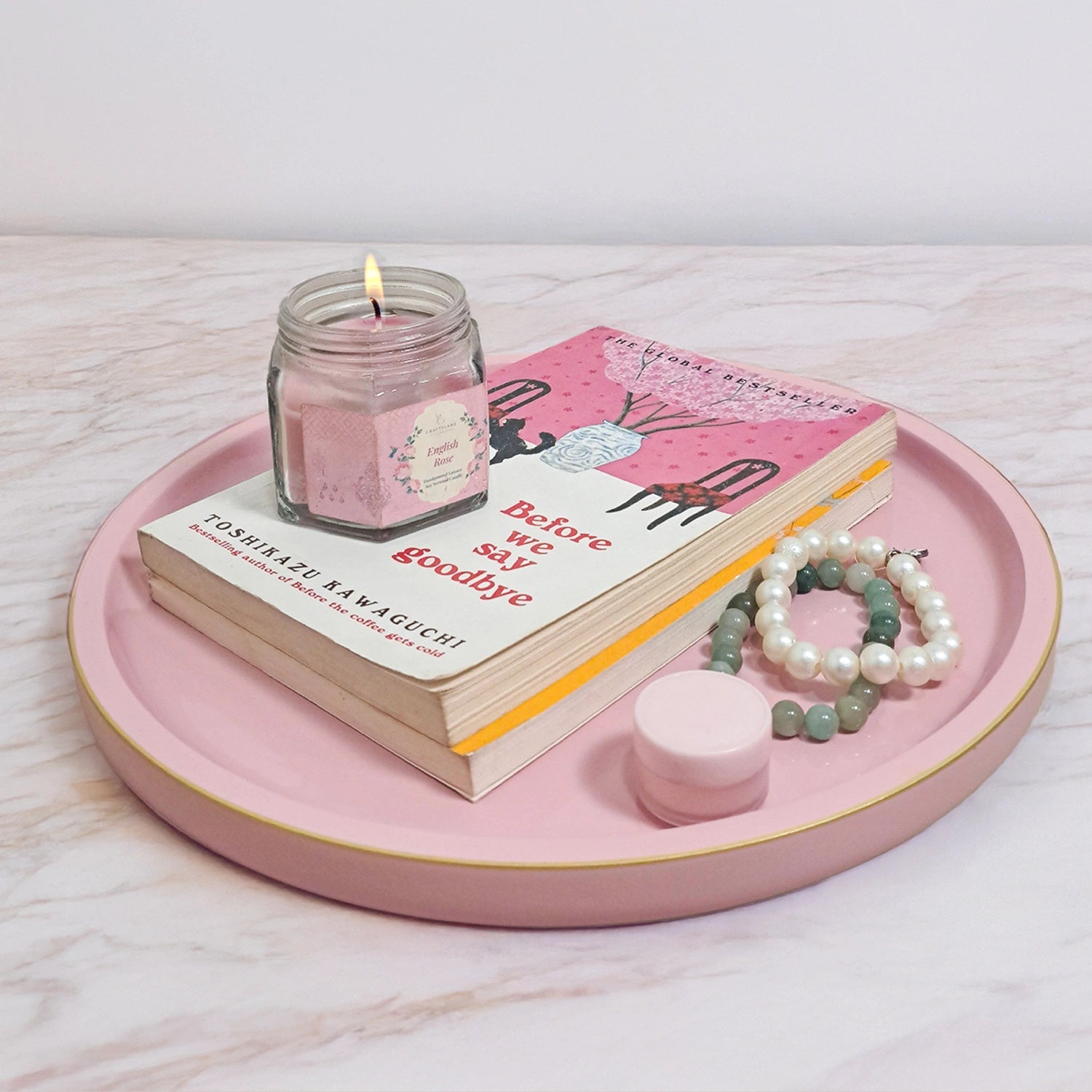 Baby Pink Round Decorative Tray with Gold Trim